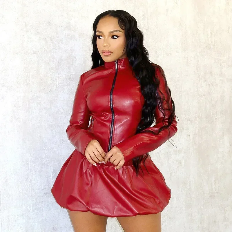 Women 2 Piece PU Leather Zipper Jackets Ball Gown Skirts Locomotive Ladies Sets Stand Collar Jacket Mini Skirt Two Piece Outfits