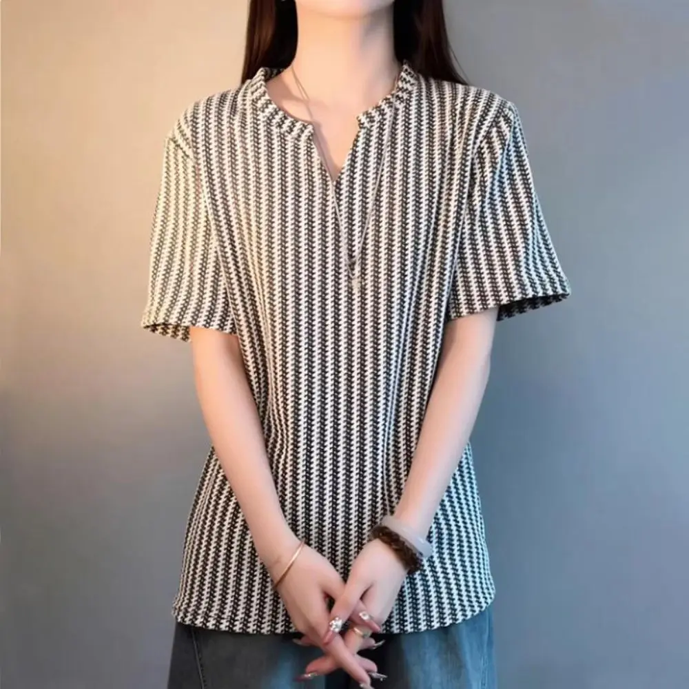Fashion V-Neck Fishbone Pattern T-Shirt Thin Short Sleeve Tank Tops Casual Texture Sensation Sun-Proof Tops Couple's Wear