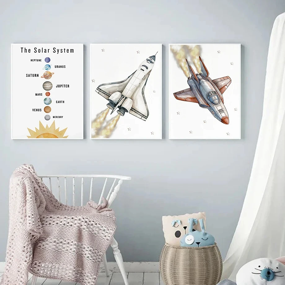 Aviation Clothing Rocket Aerial Telescope Planet Solar System Fashion Wall Art Canvas Painting Nordic Poster Room Decor