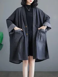 New Women's Autumn Literary Retro V-neck Long Sleeve Pocket Denim Jacket Loose Mid-length Single Breasted Streetwear Trench Coat