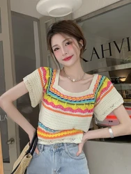 Knitted Rainbow Striped T-shirts for Women 2023 Summer Harajuku Colorful Top Mujer Korean Style Girlish College New Arrival