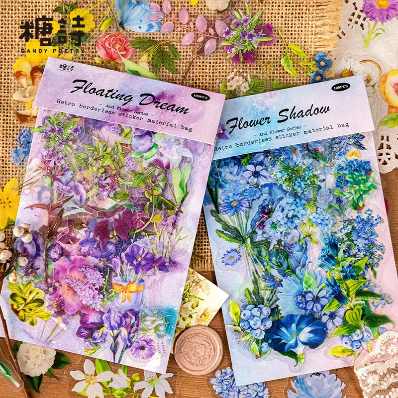 100pcs Flower collection Decorative PVC Sticker Scrapbooking diy Label Diary Stationery Album Journal Daisy Stick