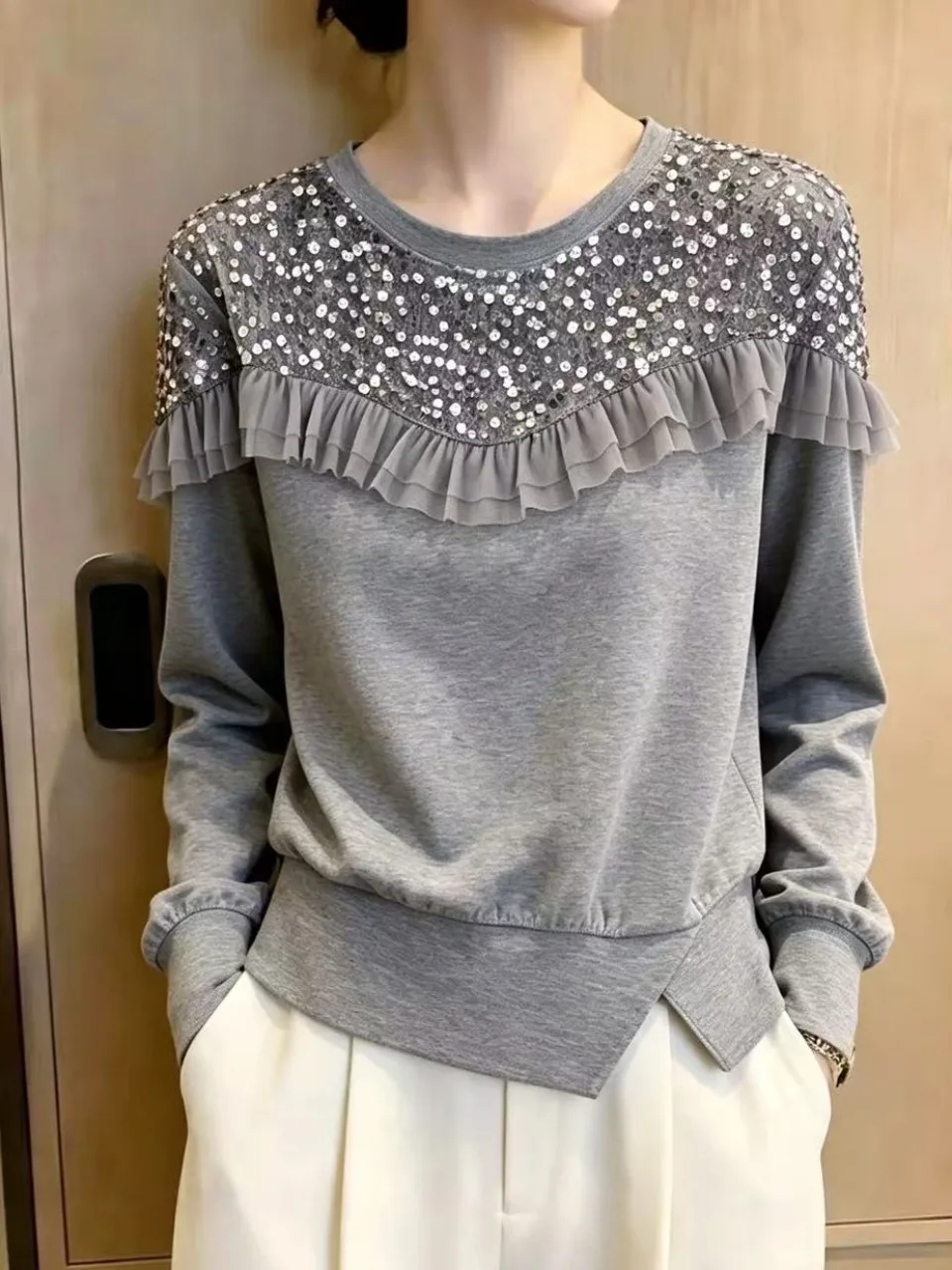 Shiny Sequin Mesh Lace Polka Dot Sweatshirt Women's Loose Short Sleeve Long Sleeve Casual Style round Neck Design Slimming Top