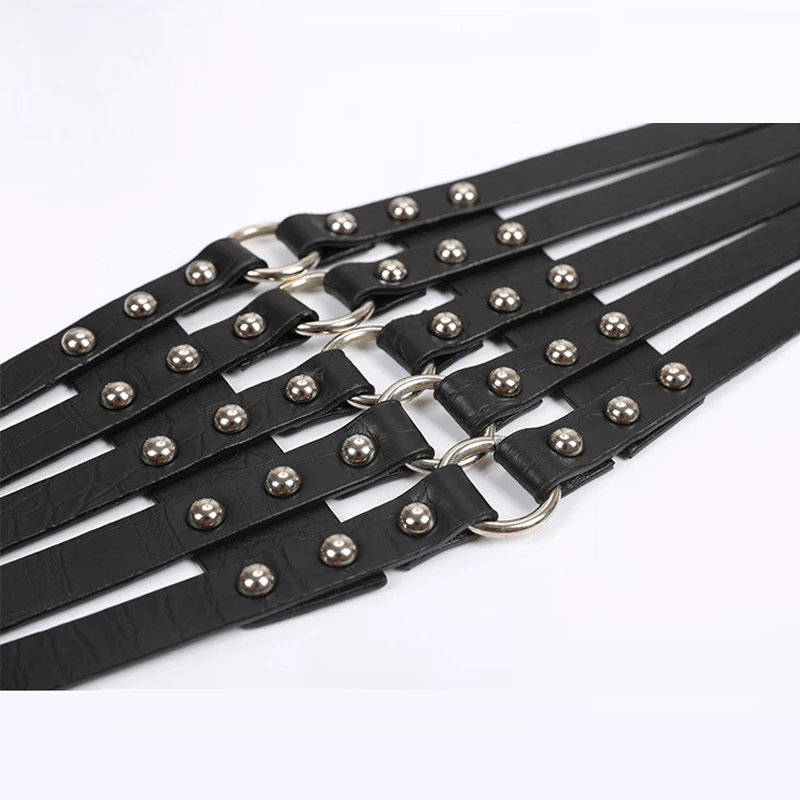 New Women Cummerbunds Vintage Metal Ring Belt Gold Ladies Women Belts Female Fashion Rivet Wide Waist Elastic 5 Straps PU Belt