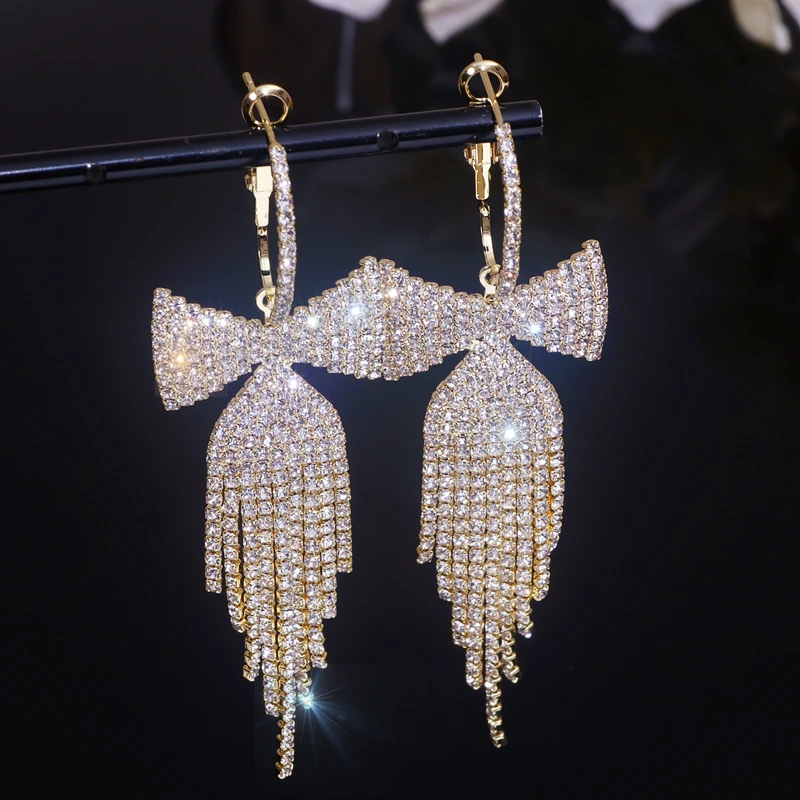 Korean Sweet Rhinestone Bowknot Drop Earrings for Women Fashion Temperament Long Tassel Earrings Jewelry Wedding Party Gifts