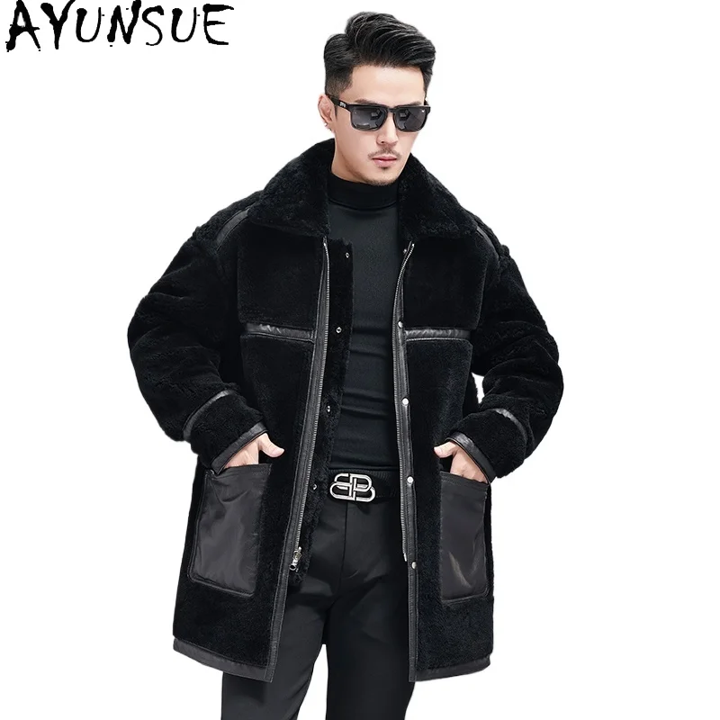 AYUNSUE Reversible Style Natural Sheepskin Leather Fur Jacket Men Winter Mid-length Luxury Real Lamb Wool Fur Coat Warm Outwears