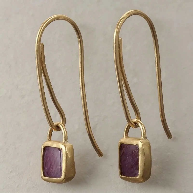 Ethnic Square Purple Stone Hook Earrings Vintage Jewelry Gold Color Metal Geometry Long Dangle Earrings for Women