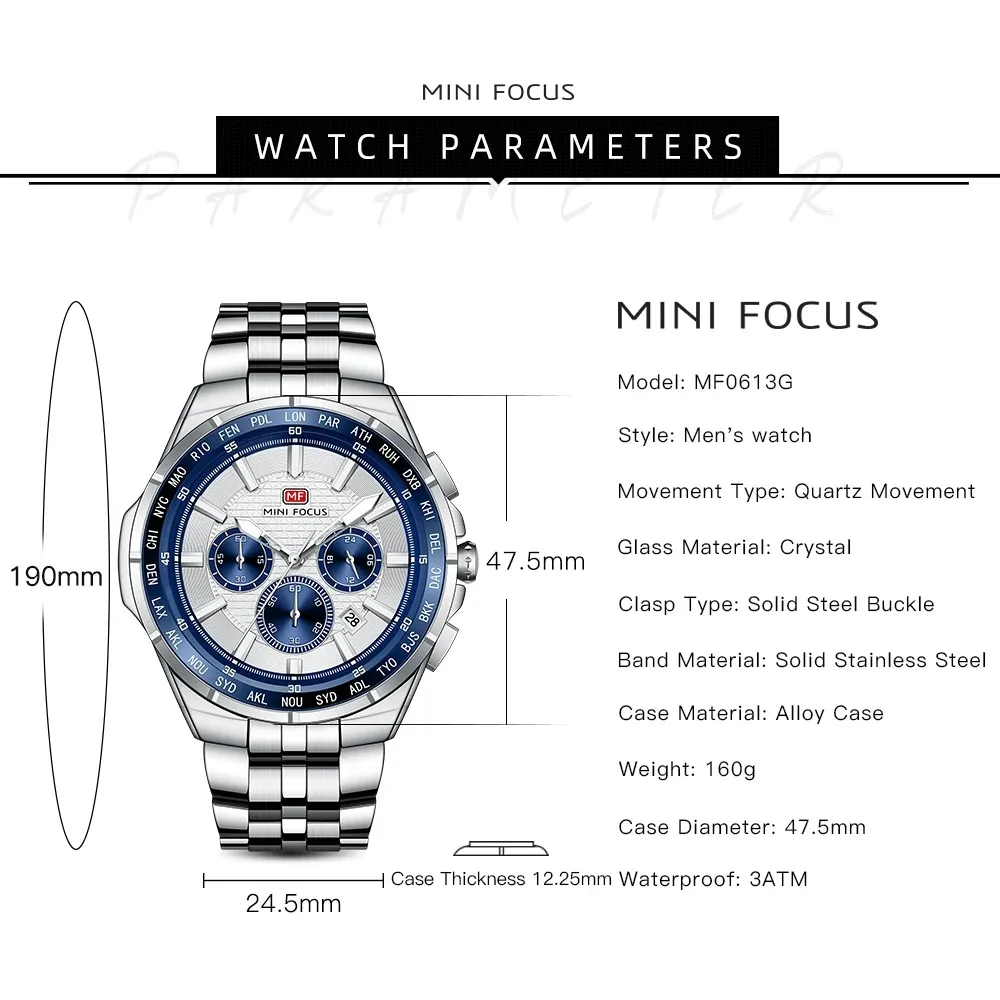 MINI FOCUS 0613G Роскошные кварцевые мужские часы, водостойкий календарь, светящийся хронограф, часы со стальной полосой для мужчин, Reloj Hombre