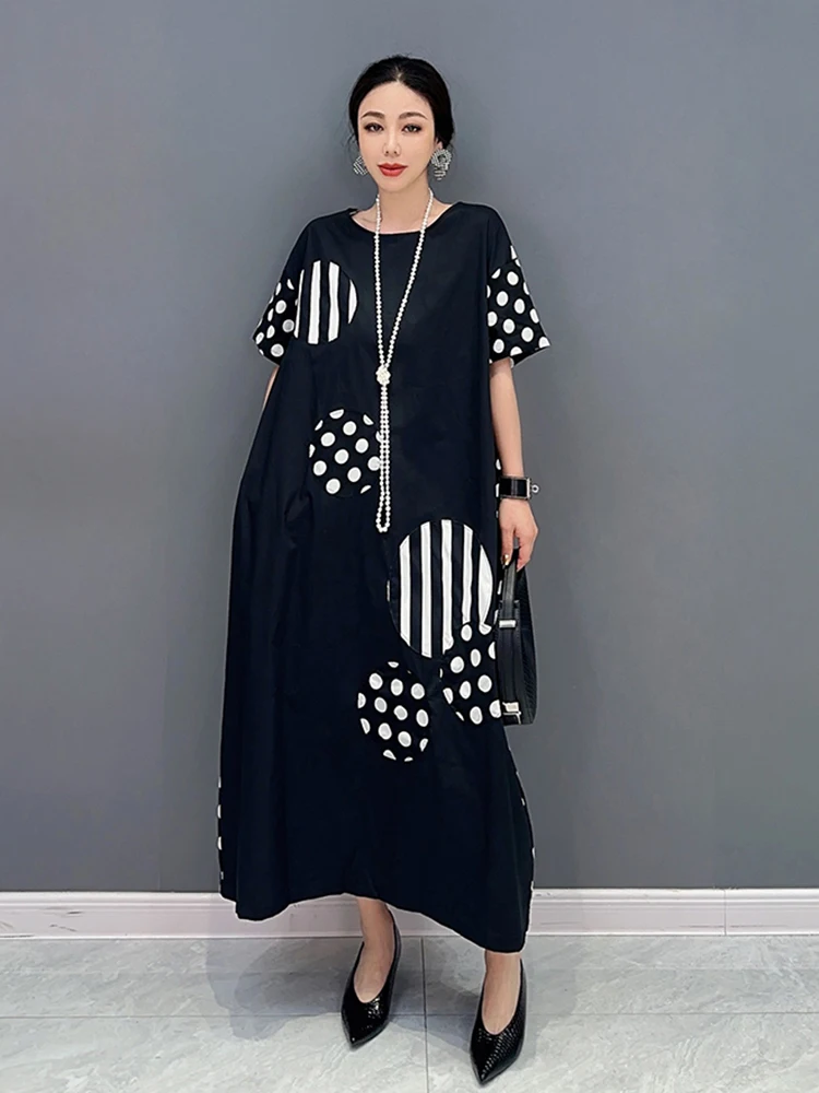 XITAO Korea Striped Dresses Patchwork Female Appear Thin 2023 Summer Women New Arrival Fashion All Match O-neck DMJ1159