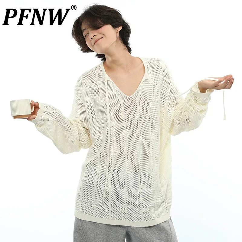 PFNW Male Hollow Out Lace Up Sweater V-Neck Long Sleeve Solid Color Perspective Loose Thin Tops Autumn 2024 Chic Trendy 28W3987