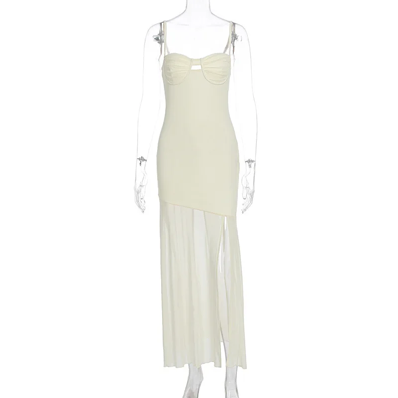 Vestido Elegante Largo de Verano 2025 para Mujer, Espalda Descubierta con Tirantes de Espagueti y Tejido de Malla, Fiesta Sexy 5