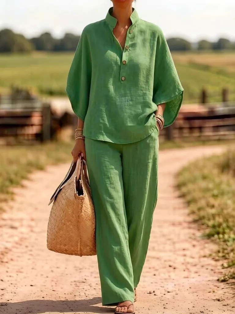 Button up Shirt Loose Wide Leg Pants Set Women's Casual Sportswear High Waist Long Pants Seven Sleeve Stand Collar Four Seasons