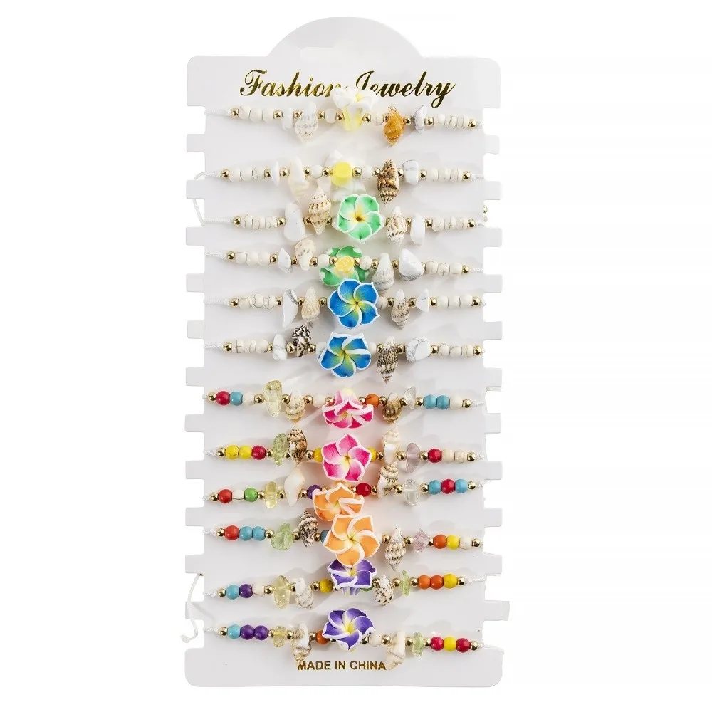 12Pcs/Set Colorful Shell Flower Bracelet Set Adjustable Bohemian Beads Bracelet Set Soft Clay Handmade Stackable Hand Chain