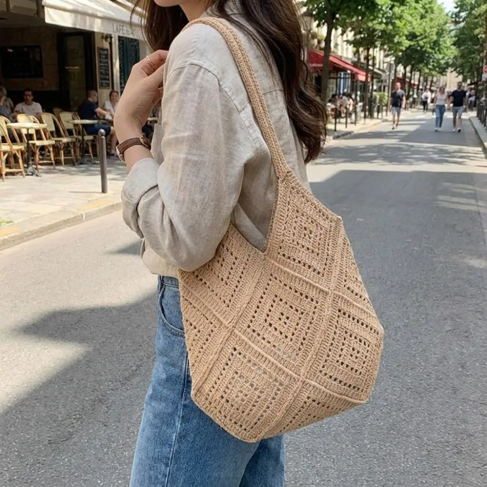 Weave Knitted Hollow Bucket Bag Net Fishing Pattern Hollow Structure Large Capacity Shoulder Bag Minimalist Polyester
