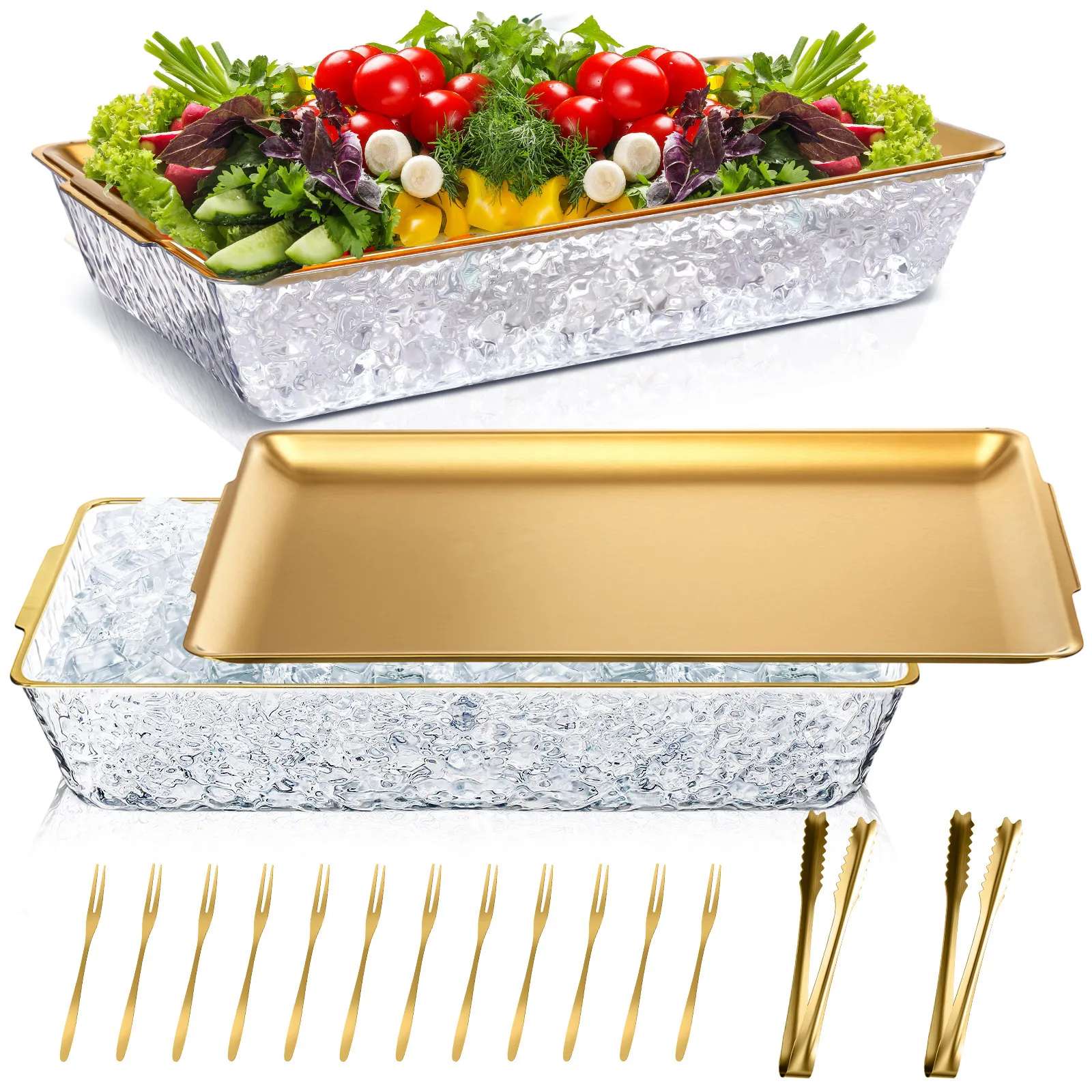 2-piece 16 x 9.45 cm chilled party tray with dividers, chilled party platter with fork and tongs