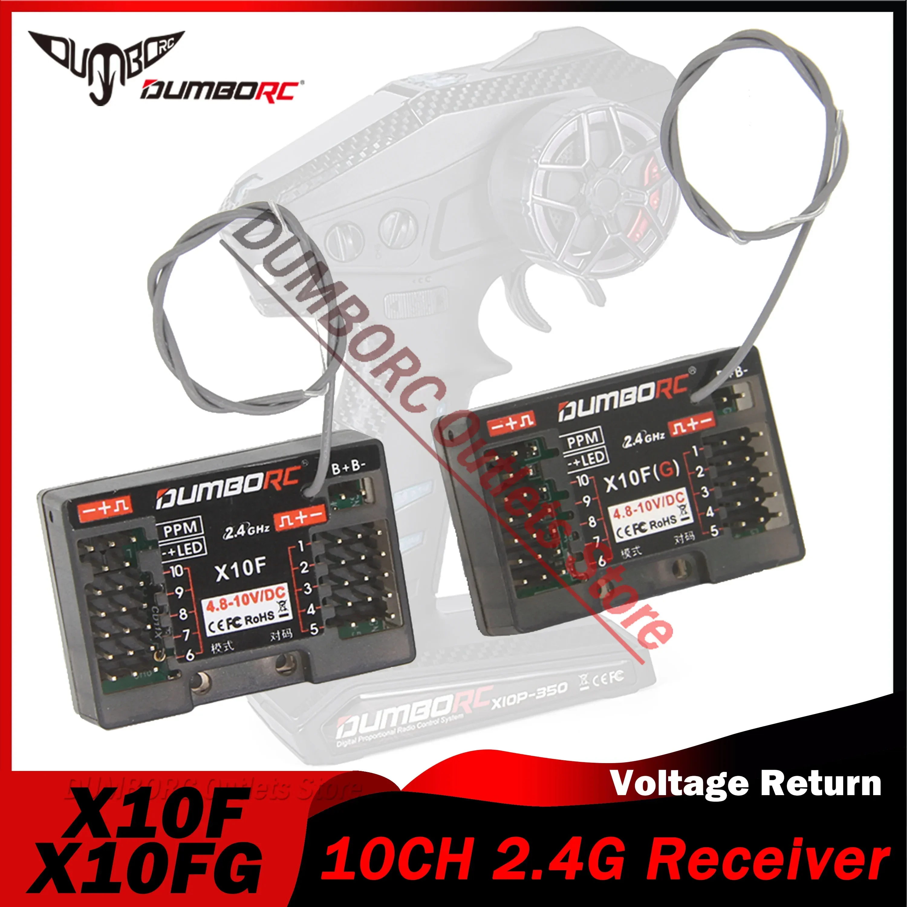 DUMBORC X10F X10FG 10CH 2.4G RC Receiver Gyro Voltage Return for X10P-350 DDF-350 Transmitter Remote Control Car Boat Tank Model