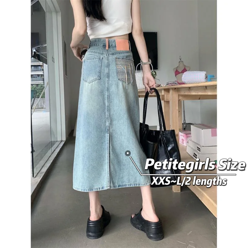 

150cm Petite girls Pocket Embroidered Split Denim Skirt Women High Waist A-line Wrap buttocks Mid length version XS Appear High