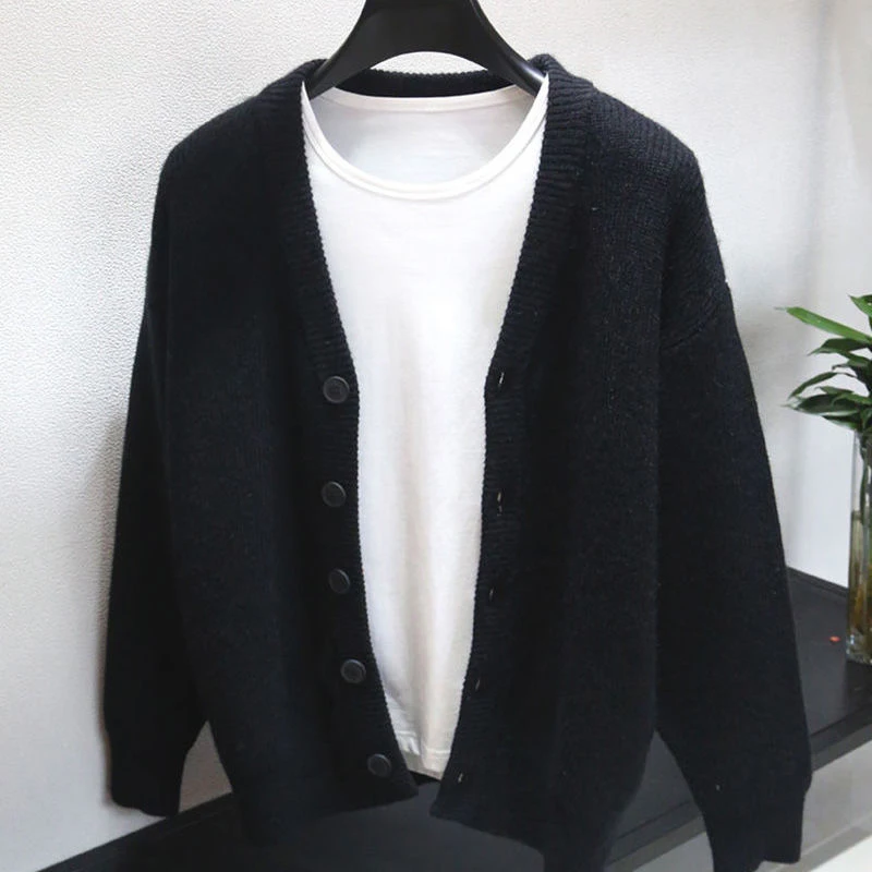 Pull cardigan monochrome décontracté pour hommes, manteau à tricoter tout assressenti, veste à col en V pour hommes, haut ample, vêtements