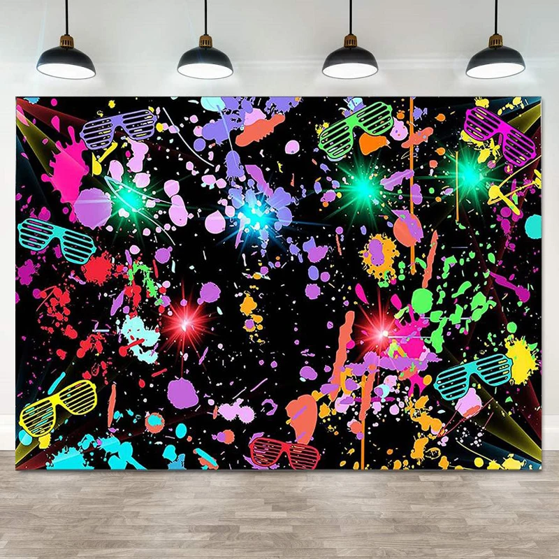 

Photography Backdrop Neon Glow In The Dark Colorful Paint Splatter Graffiti Glow Party 80s 90s Themed Birthday Background