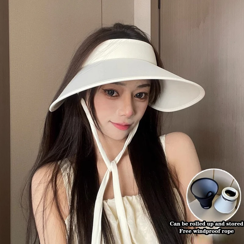 Women Summer Sun Hat Wide Brim Empty Top Ponytail Cap Beach UV Protection Outdoor Sunscreen Visors Folding Sunshade Girl Bonnet