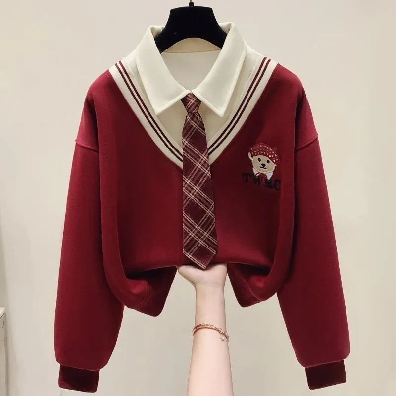 Sweatshirt Girls' Spring/Autumn Long Sleeve Polo Collar Red Color Block Kids Medium-Large New Preppy Faux Two-Piece Top