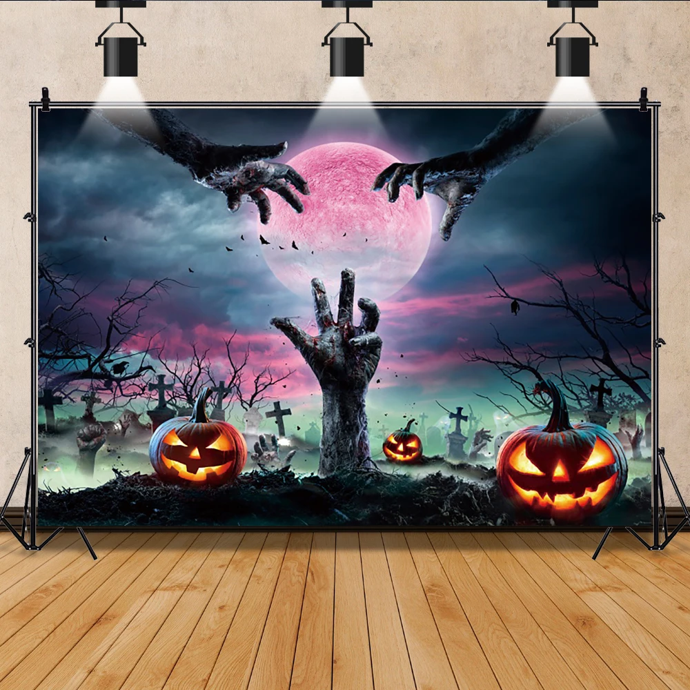 Halloween Party Photography Backdrop Horror Night Cemetery Full Moon Pumpkin Graveyard Kid Baby Birthday Background Photo Studio