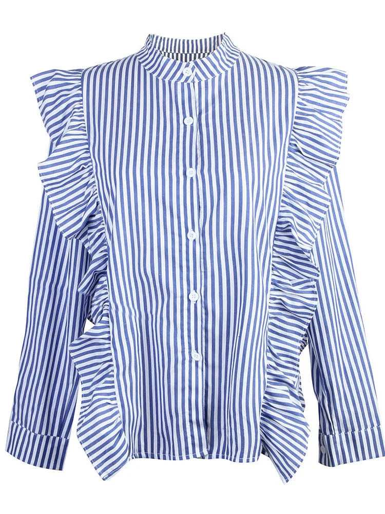 Wyszczuplająca bluzka w paski z długim rękawem, falbanką u dołu, stójką, prostym krojem, nadrukiem, łączona, w stylu europejskim i amerykańskim.