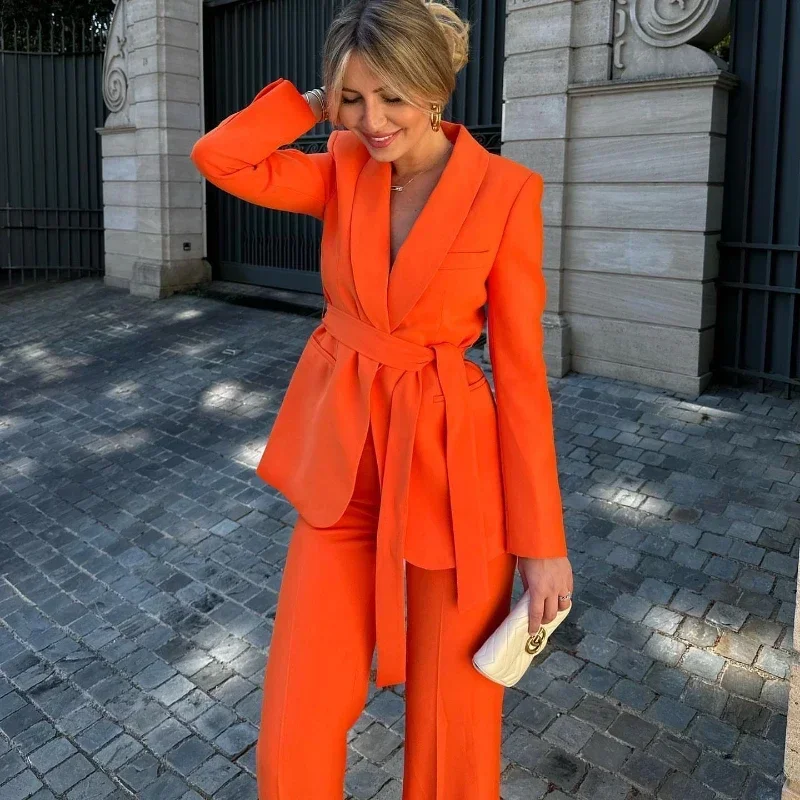 Woman\'s Bow Belt Blazer Pants Suit Lapel Long Sleeve Slim Jacket Coat High Waist Vertical Straight Leg Pants New Female Chic Set