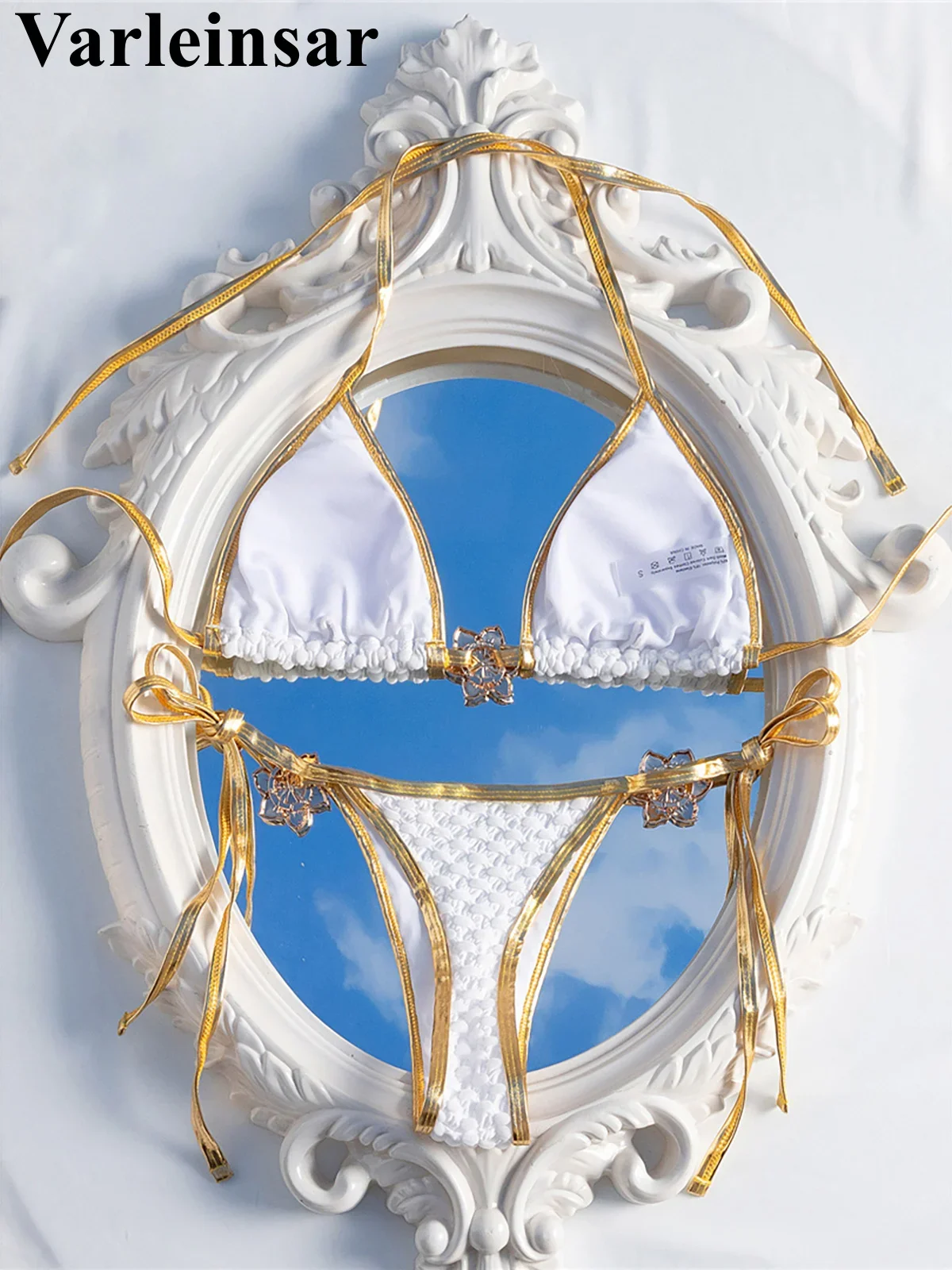 Metall Blumen Halter Faltig Bikini Weiblichen Badeanzug Frauen Bademode Zwei-stück Bikini set Gepolsterte Badende Badeanzug Schwimmen V6670