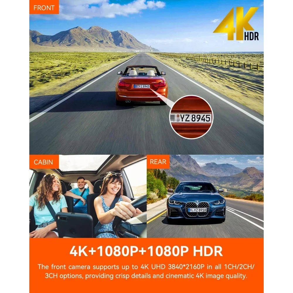 Dash Cam WiFi 4K a 3 canali, per visione notturna STARVIS 2 IMX678, 4K + 1080P + 1080P anteriore interna e posteriore tripla fotocamera per auto