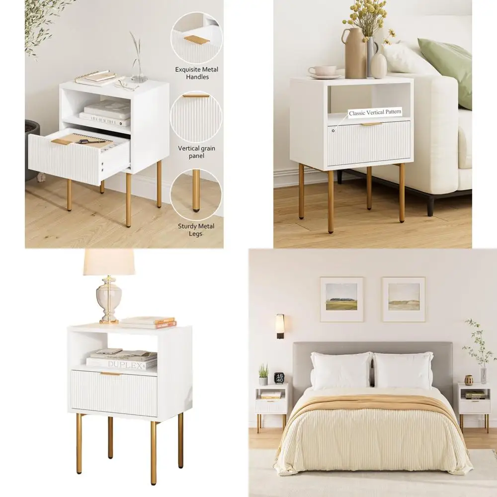 

Mid-Century Modern White Nightstand with Drawer and Open Shelf for Bedroom, Living Room