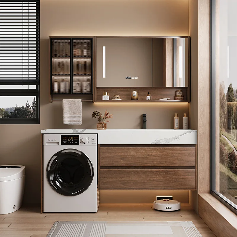 New Chinese walnut washing machine cabinet, bathroom, washbasin cabinet, combined rock slab seamless basin, smart mirror