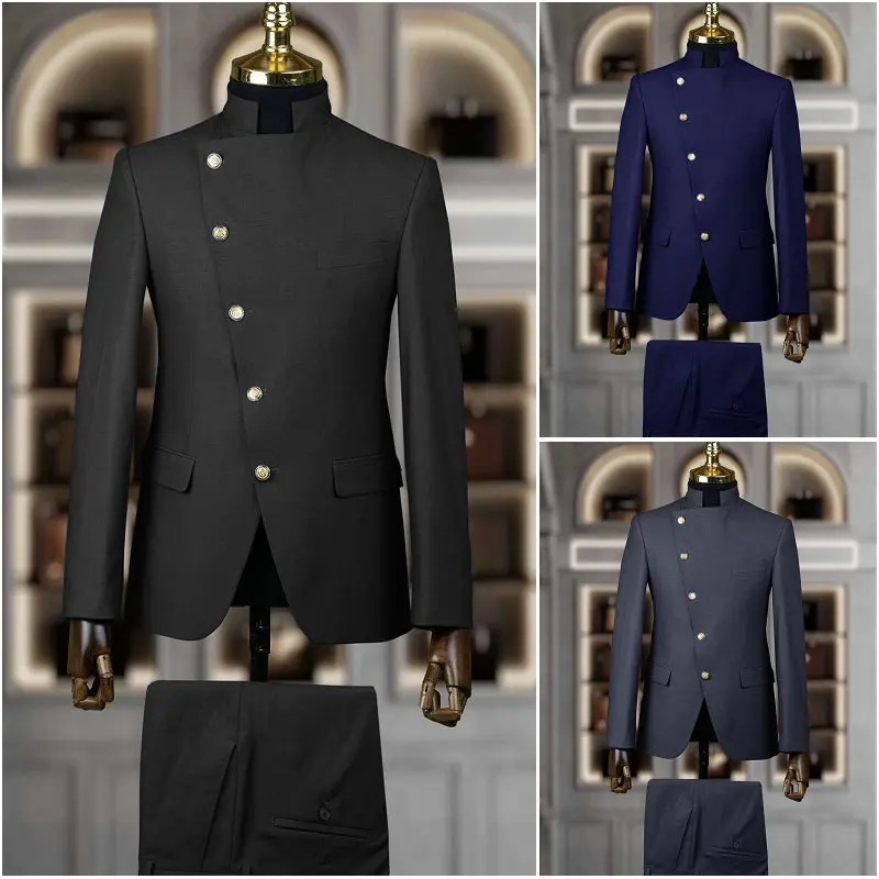 

Black Suits For Men Latest Coat Pant Design Stand Collar Slim Fit Formal Elegant Wedding Suit Groom Party Dresses