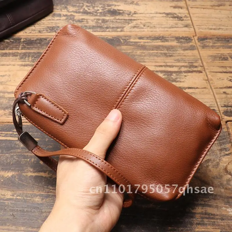 Men's Soft Leather Clutch Wallet Zipper Long Casual Mobile Phone Bag First Layer Cowhide Urban Minimalist Vintage