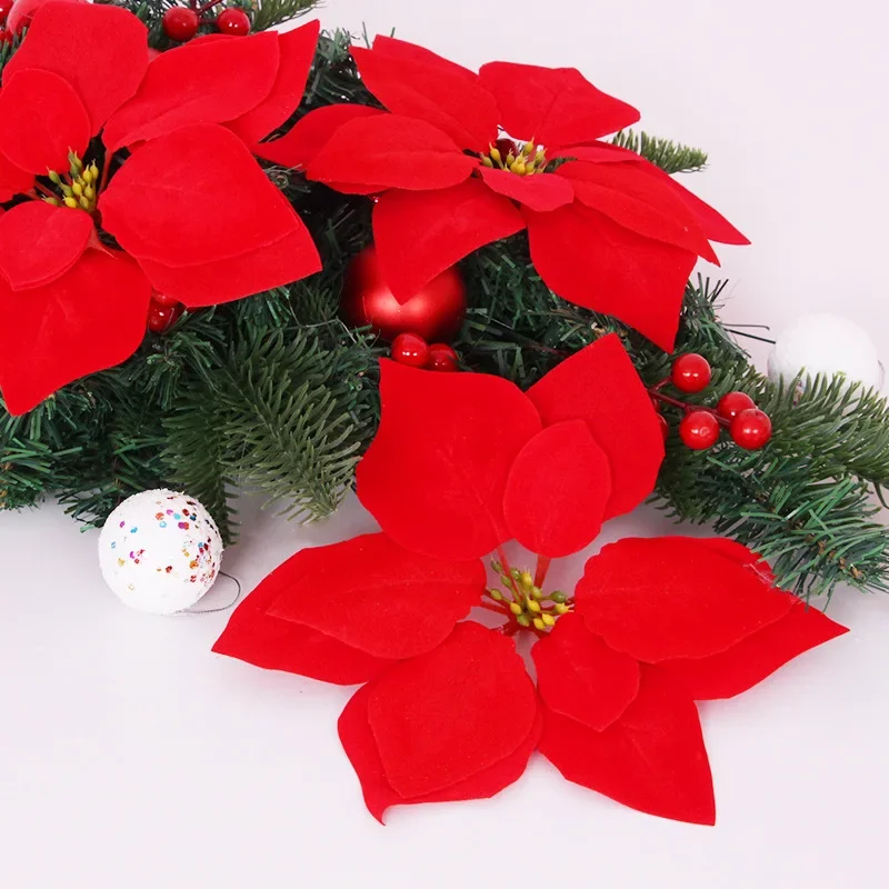 Artificial Poinsettia Bouquet for Christmas, Red Flowers Head, Xmas Tree Ornaments, Indoor and Outdoor Decorations