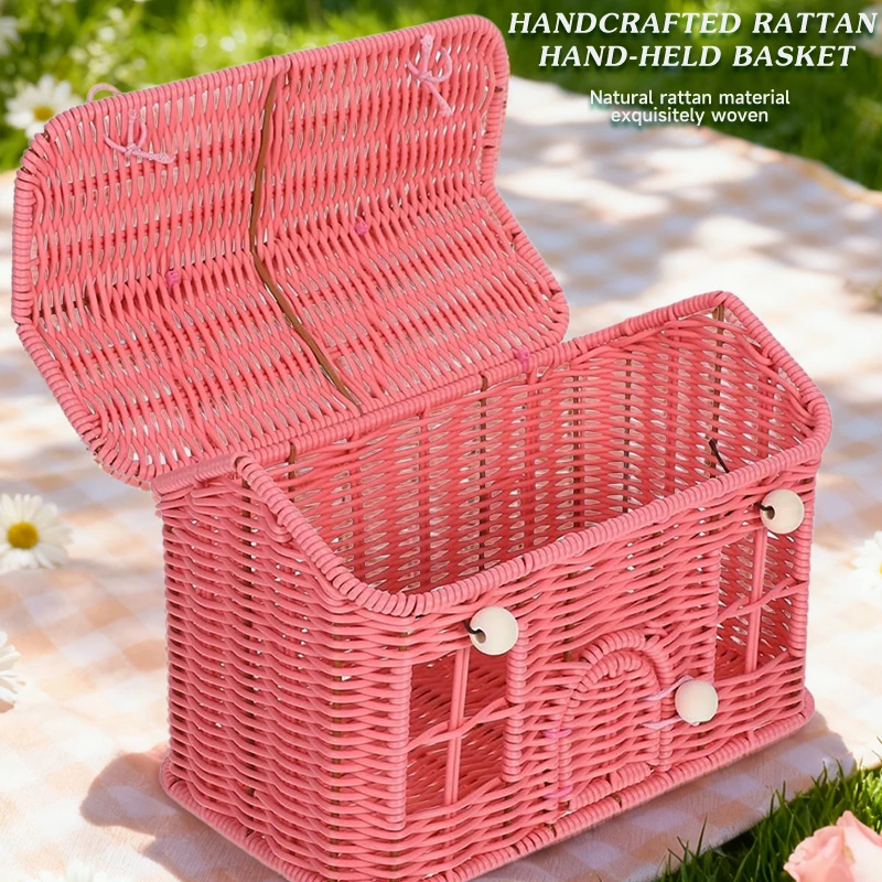 

Handwoven Imitation Rattan Storage Basket Vintage House Shape With Lid Handle PP Woven Bin For Home Picnic