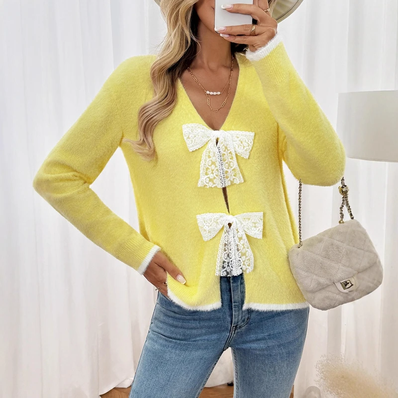 

2025 Autumn and Winter New Color Blocked V-neck Bow Cardigan Sweater Jacket Women's Clothing