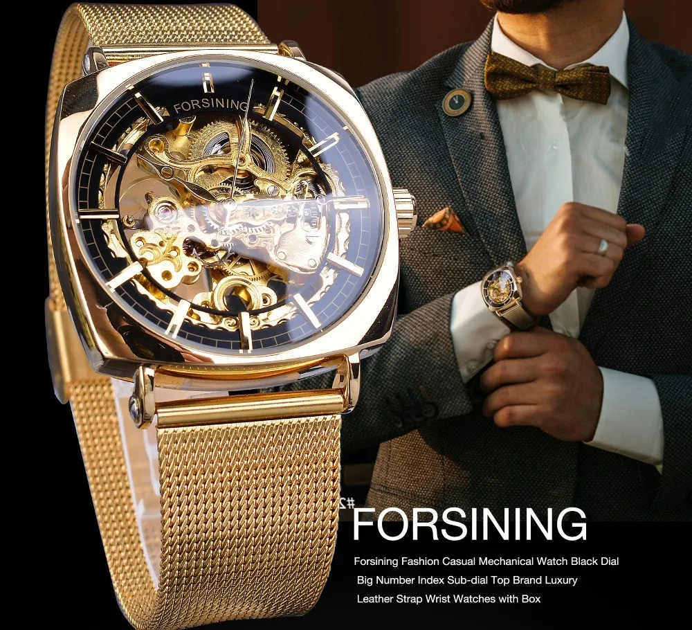 Fashion Forsining Top Brand Mesh Luxruy Golden Stainless Steel Men\'s Automatic Mechanical Square Dial Casual Hollow Out Watches