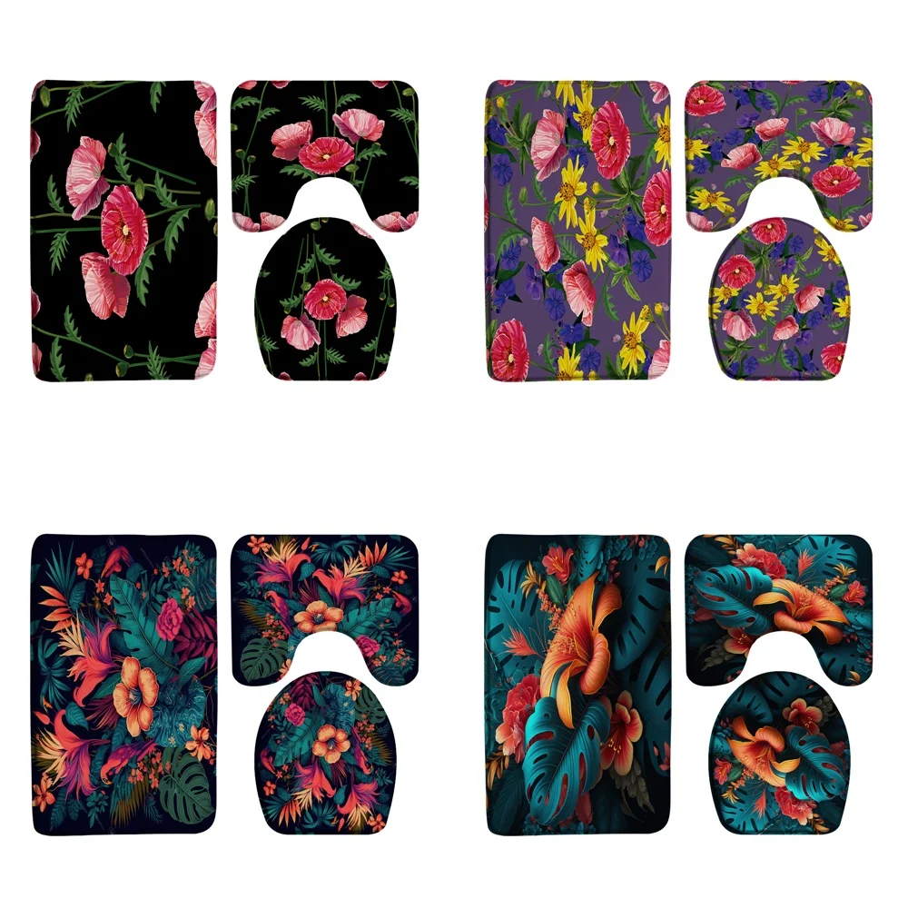 3Pcs Tropical Poppy Floral Leaves Bathroom Rug Set Flowers Green Plant Garden Flannel Doormat Non-slip Bath Mat Lid Toilet Cover