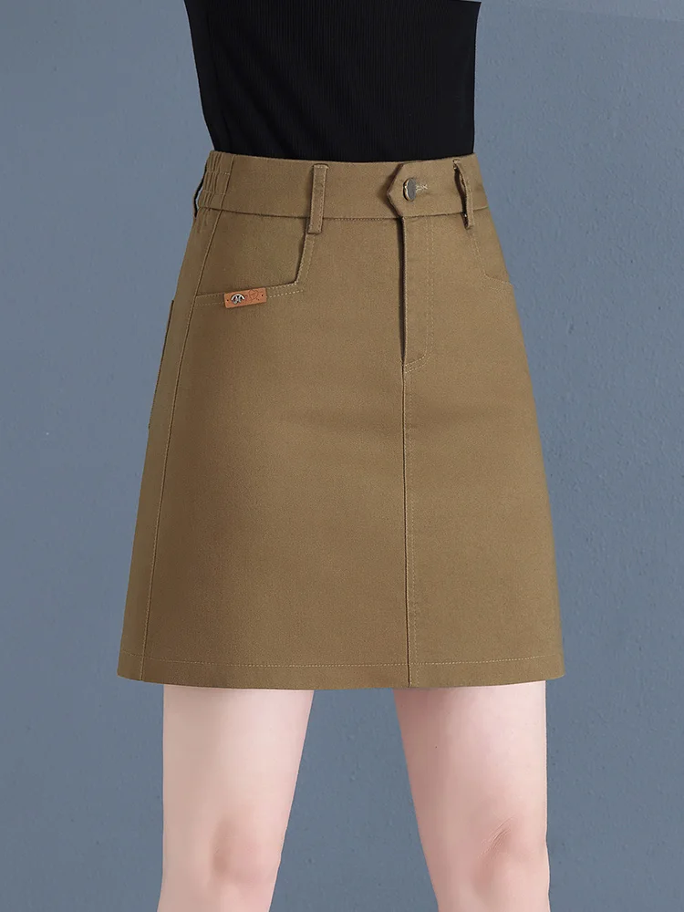 

Khaki High Waist A-Line Skirt Women's Casual Spring Autumn New Style Dreamy Elegant Commute Korean Style Denim Skirt