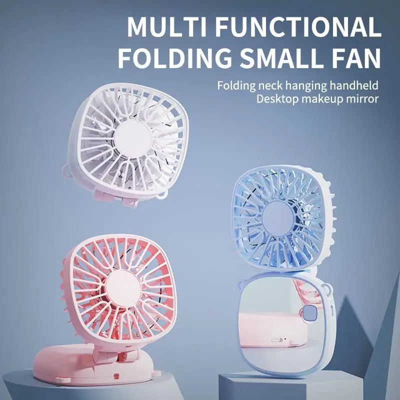 SU Multi-functional Mini Handheld Fan With Makeup Mirror Foldable Small Electric Fan USB Rechargeable Portable Hanging Neck Fan