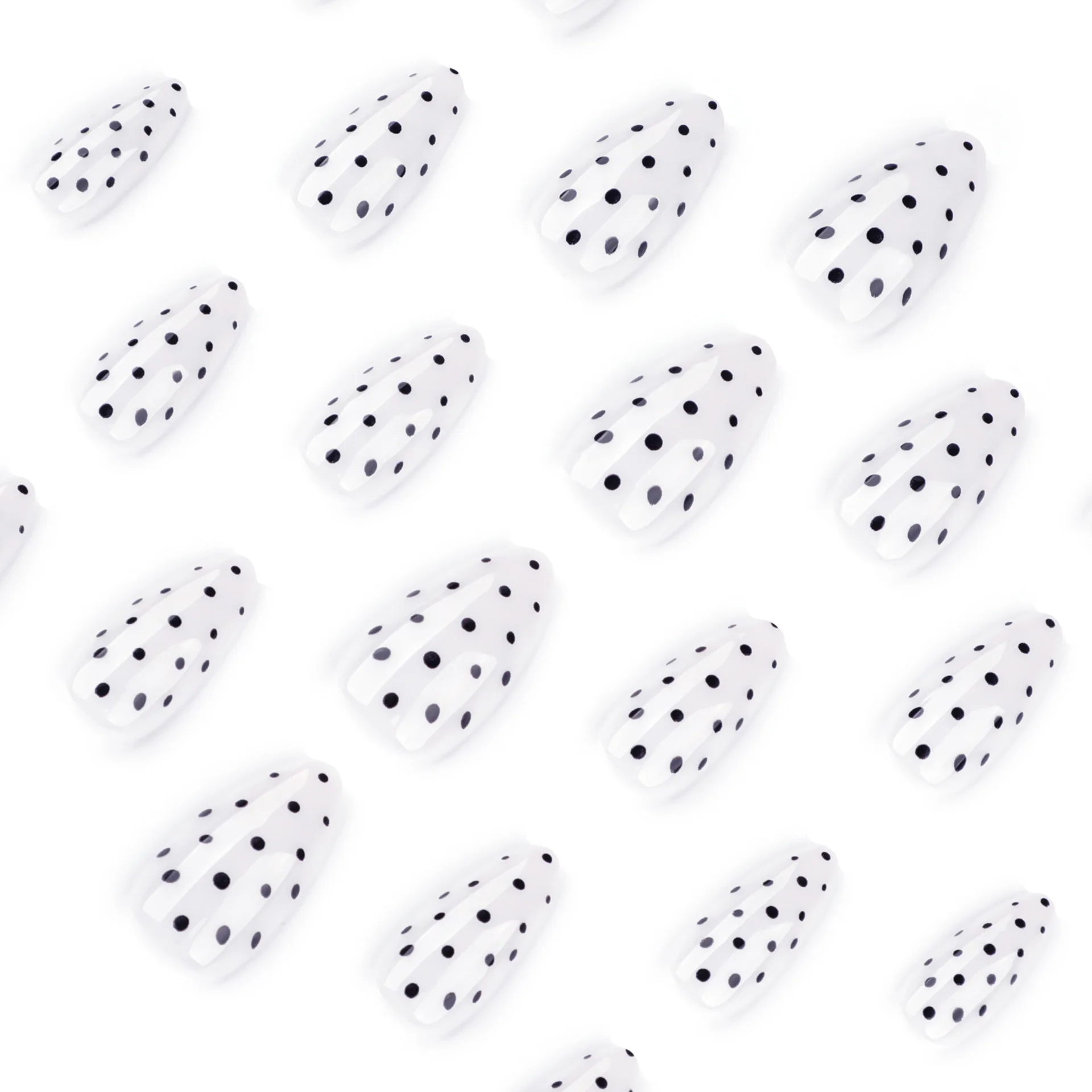 24pcs White Almond Press On Nails Black Round Wave Point Pattern Printed Fake Nail Full Cover Simple Detachable False Nail Tips