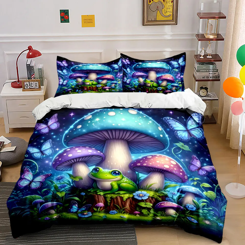 Enchanted Mushroom Forest with Frog Bedding Set for Kids Luxury Gift 3pcs Digital Print Comforter Set Soft Comfortable