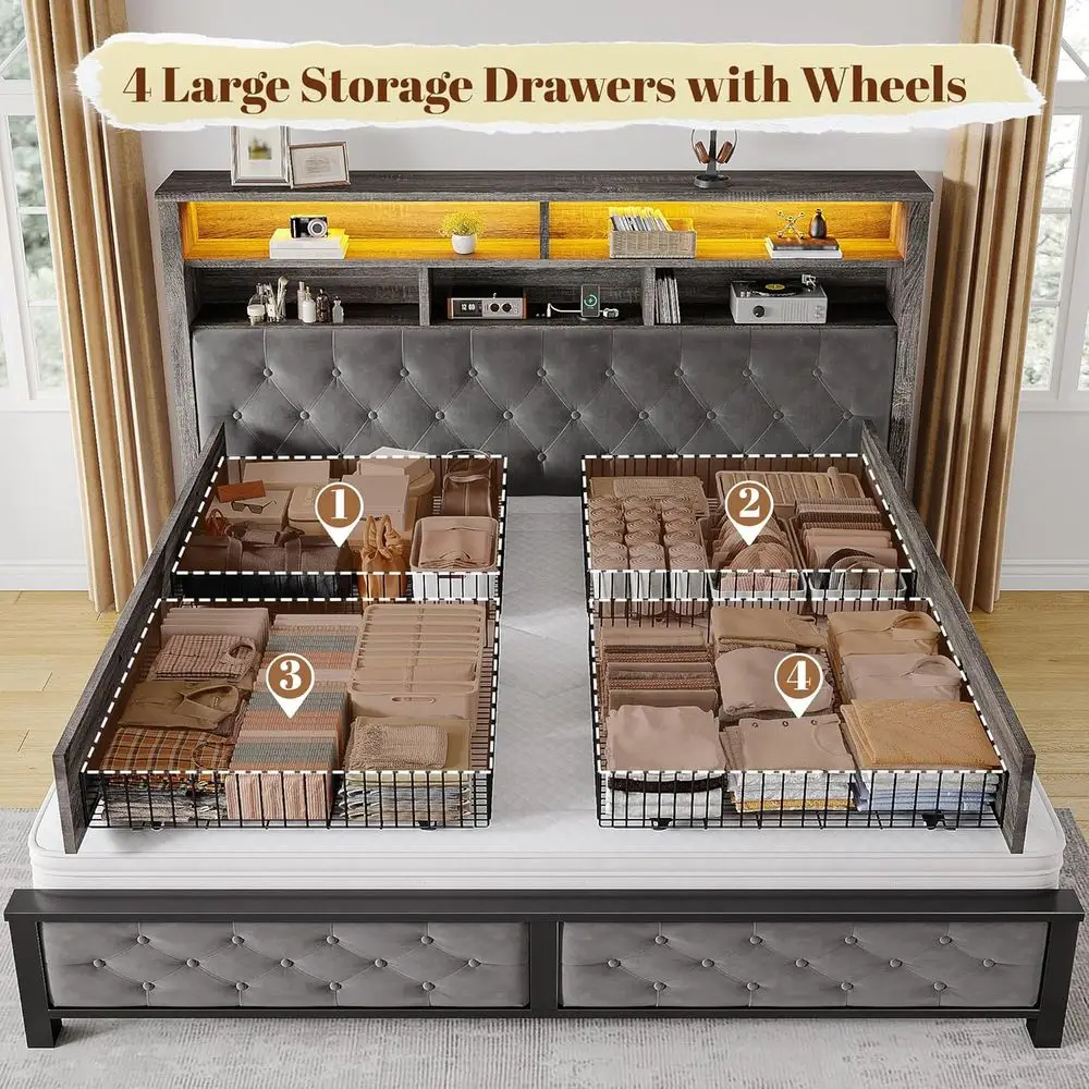 إطار سرير كينج رمادي مع لوح رأسي منجد، 4 أدراج، محطة شحن، أضواء LED، لا حاجة إلى صندوق زنبركي