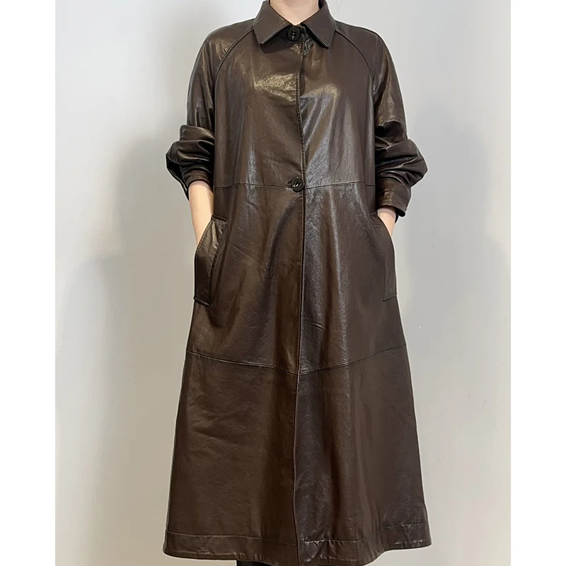 

Женское пальто из натуральной овчины, коричневое, в стиле ретро, из кожи растительного дубления, удлиненное, свободного кроя, больших размеров, тренчкот, Chaquetas Mujer