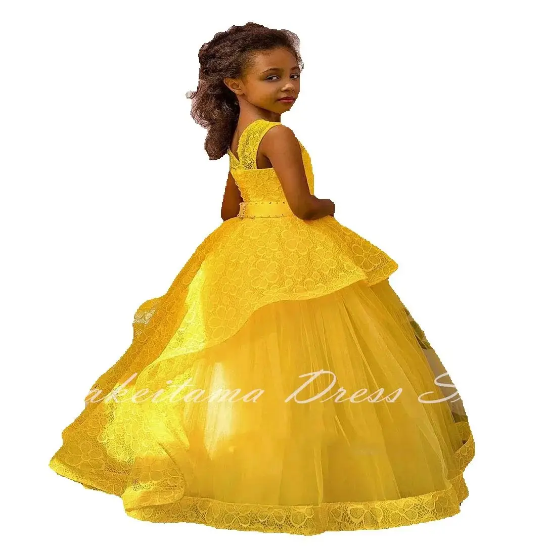 Yellow Tulle Puffy Flower Girl Dress for Wedding Sleeveless Applique Ruffles Kids First Communion Pageant Birthday Ball Gown