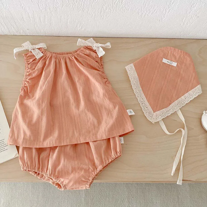 2025 New Summer Korean Style 0-3Yrs Children Clothes Suit Sleeveless Cotton Vest+PP Shorts+Hat Newborn Baby Girls Clothing Set
