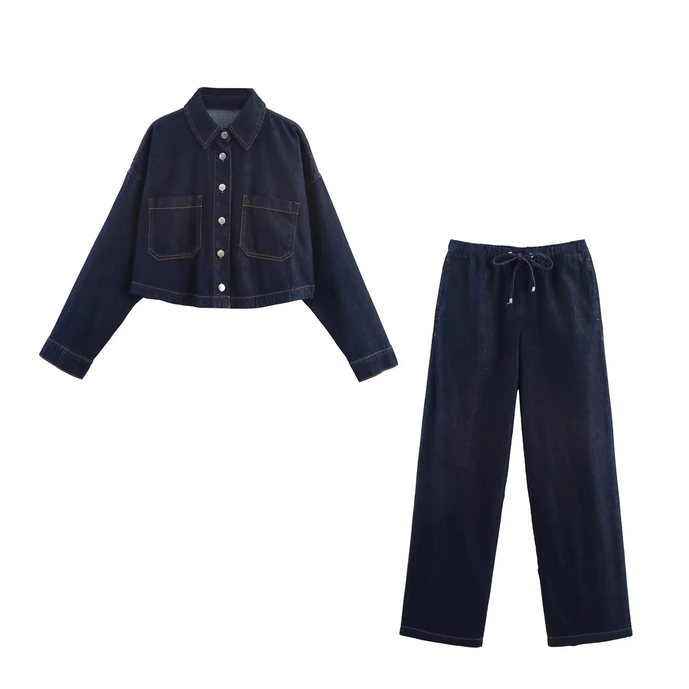 بدلة نسائية من قماش الدنيم 2025 قميص قصير من قماش الدنيم على الموضة للسيدات جديد بنطال جينز واسع الساق