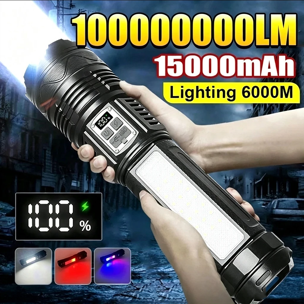 LED Flashlight with Power Display COB Side Light USB Rechargeable Super Bright Torch with Lanyard for Camping Outdoor Emergency