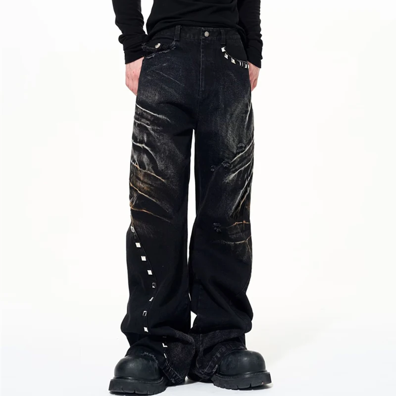Men's Retro Rivet Design Moustache Baggy Denim Pants Y2K Streetwear Distressed Black Jean 2026 Casual Straight Wide-leg Jeans